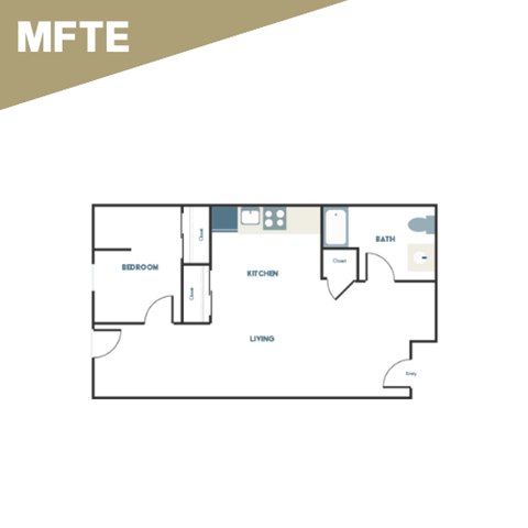 A floor plan of a house with a living room, kitchen, and two bedrooms.